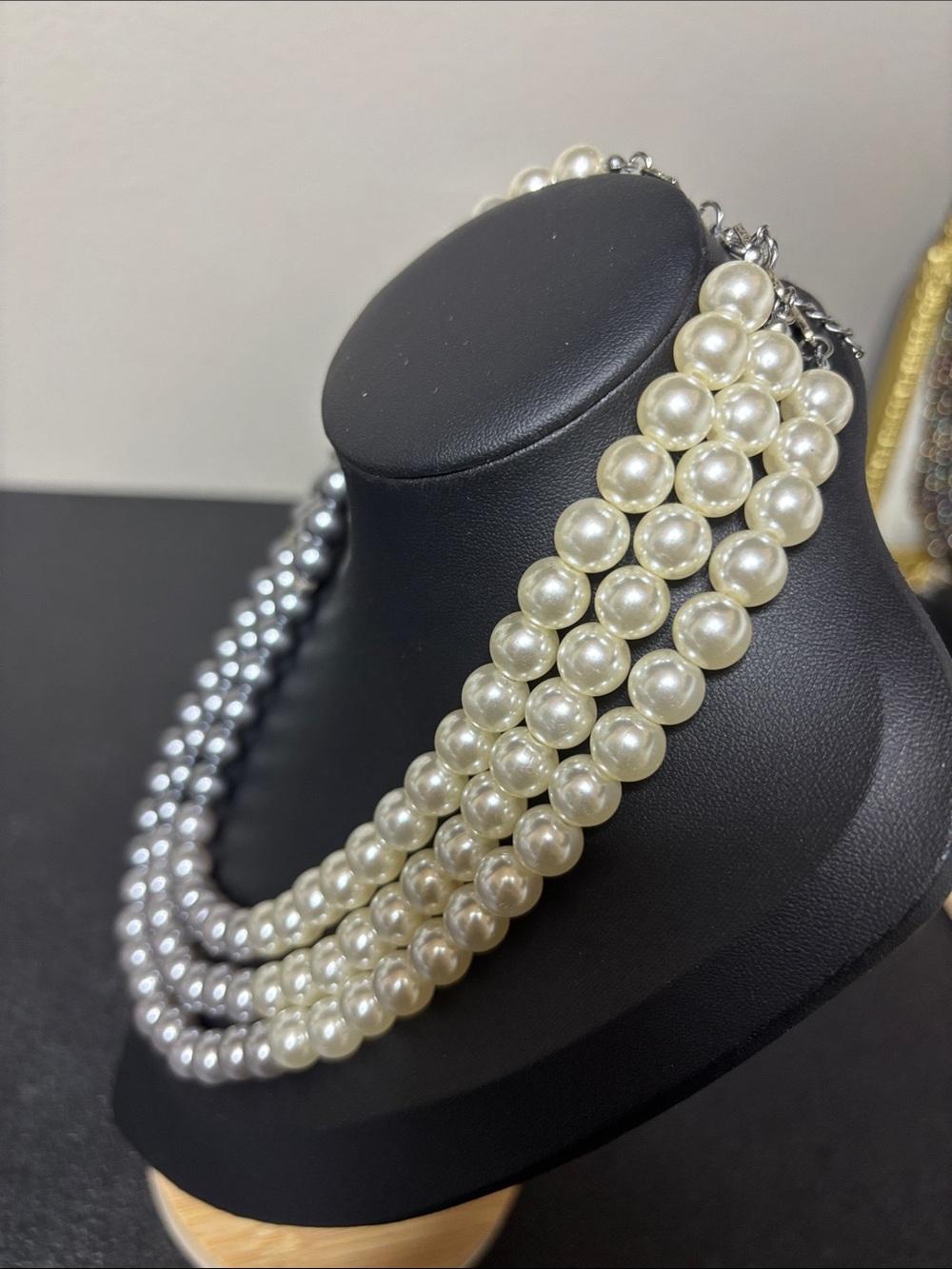 Fashion Triple-Strand Faux Pearl Statement Necklace in Cream Silver Tones - Picture 2 of 7